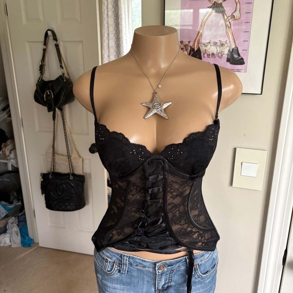 00s black lace corset bustier top (size L)